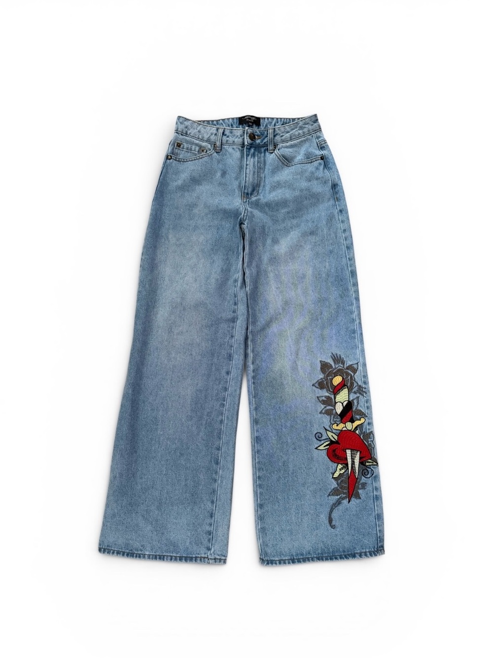 Ed Hardy Heart Dagger Baggy Wide Leg Jeans Light Wash Embroidered Baggy Skater